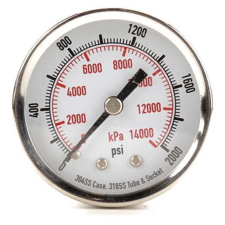 Commercial Pressure Gauge, 0 to 2, 000 psi, 2 in Dial, 1/4 in NPT, Center Back Location MPN:4FMV7