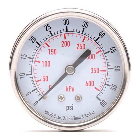 Commercial Pressure Gauge, 0 to 60 psi, 2 1/2 in Dial, 1/4 in NPT, Center Back Location MPN:4FMW4