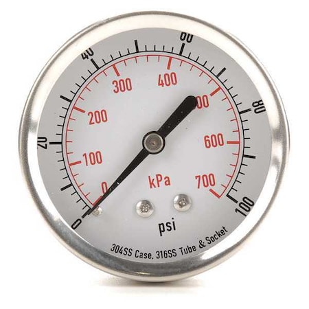 Commercial Pressure Gauge, 0 to 100 psi, 2 1/2 in Dial, 1/4 in NPT, Center Back Location MPN:4FMW5