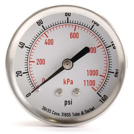 Commercial Pressure Gauge, 0 to 160 psi, 2 1/2 in Dial, 1/4 in NPT, Center Back Location MPN:4FMW6