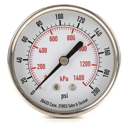 Commercial Pressure Gauge, 0 to 200 psi, 2 1/2 in Dial, 1/4 in NPT, Center Back Location MPN:4FMW7