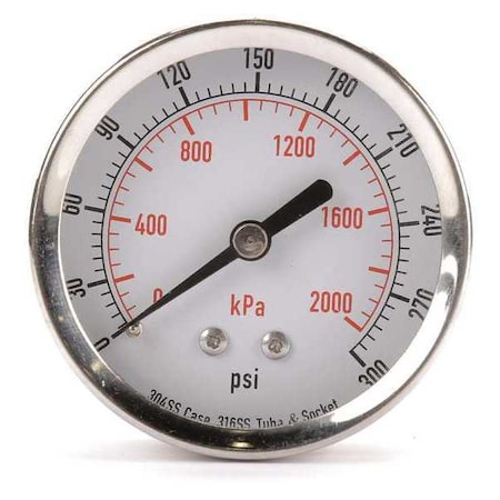 Commercial Pressure Gauge, 0 to 300 psi, 2 1/2 in Dial, 1/4 in NPT, Center Back Location MPN:4FMW8