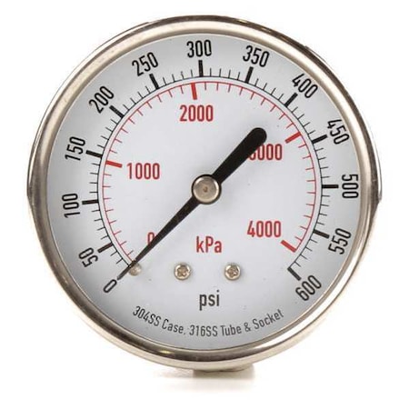 Commercial Pressure Gauge, 0 to 600 psi, 2 1/2 in Dial, 1/4 in NPT, Center Back Location MPN:4FMX1