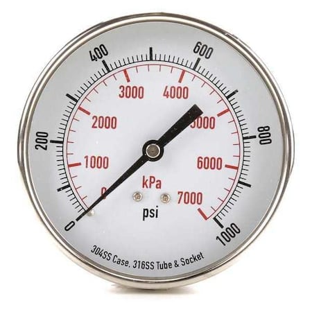 Commercial Pressure Gauge, 0 to 1, 000 psi, 3 1/2 in Dial, 1/4 in NPT, Center Back Location MPN:4FMY7