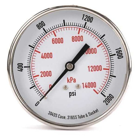 Commercial Pressure Gauge, 0 to 2, 000 psi, 3 1/2 in Dial, 1/4 in NPT, Center Back Location MPN:4FMY8