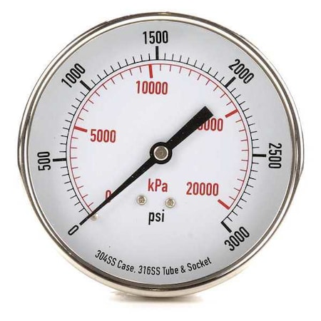 Commercial Pressure Gauge, 0 to 3, 000 psi, 3 1/2 in Dial, 1/4 in NPT, Center Back Location MPN:4FMY9