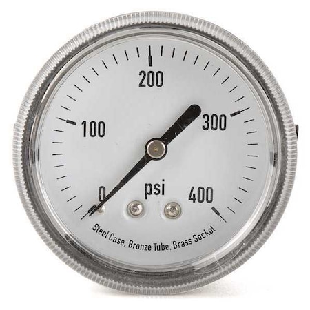 Panel-Mount Pressure Gauge, 0 to 400 psi, 2 1/2 in Dial, 1/8 in NPT, Center Back Location MPN:4UA27