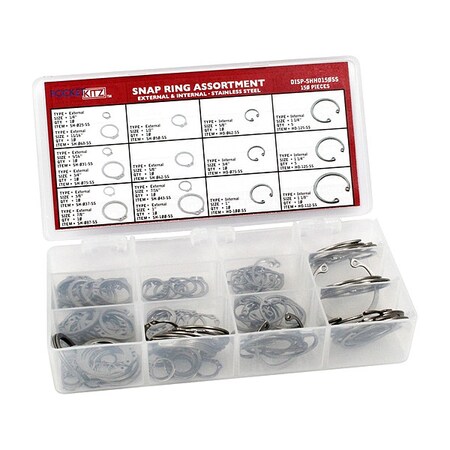 Ret Ring Ext/Int Assortment, Stainless Steel, Plain Finish, Not Applicable Bore Dia. MPN:DISP-SHHO150SS