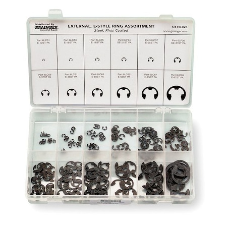External Retaining Ring Assortment, Steel, Phosphate Finish, 255 Pieces MPN:RCE1287STPA