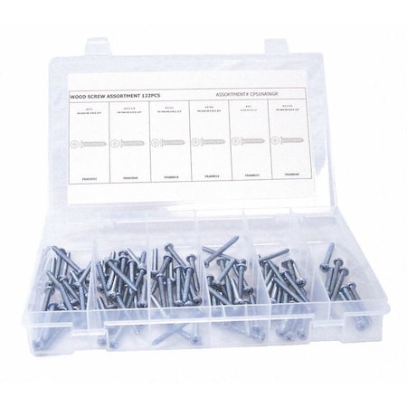 Wood Screw Assortment, #6 to #8, Zinc Plated Finish, Steel, Flat Head Phillips Drive MPN:CPS1NA96GR