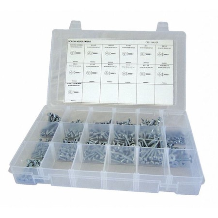 Tapping Screw Assortment, No 6 to No 10 x Zinc Plated Finish, Steel, Flat; Pan Head Phillips Drive MPN:CPS1YY41GR