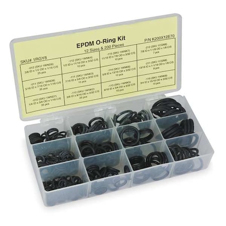O Ring Assortment, EPDM, 200 Pcs, 12 Sizes MPN:1RGY8