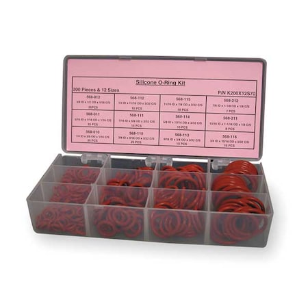 O-Ring Asst, Silicone, 200 Pcs, 12Szs MPN:3CVZ7