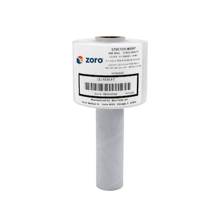 Hand Stretch Wrap, 3 in W x 1, 000 ft L, 80 ga, Clear, 1 Roll MPN:PVT03 80Z