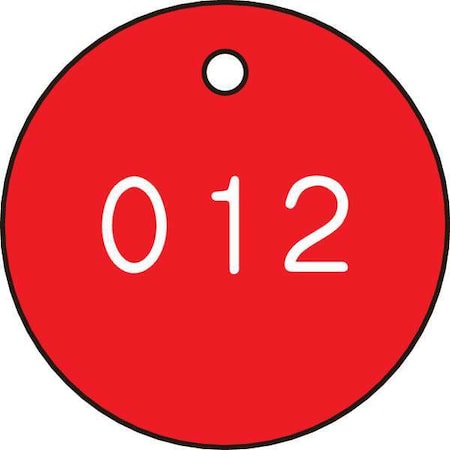 Numbered Tag, Plastic, 1 1/4 in H x 1 1/4 in W, 1 1/4 in Dia., Red/White, Round, 100 PK MPN:22CN27