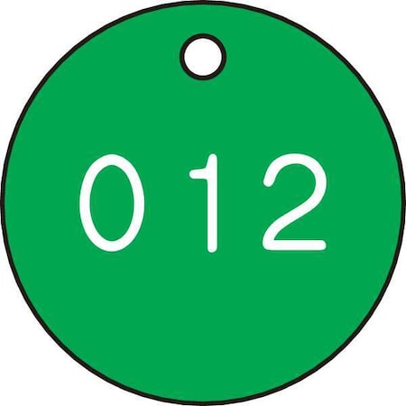Numbered Tag, Plastic, 1 1/8 in H x 1 1/8 in W, 1 1/8 in Dia., Green/White, Round, 100 PK MPN:22FC58