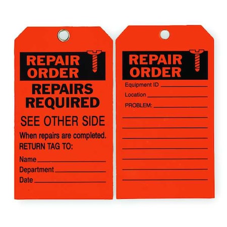 Tag, Repair, Polyester, 7 in H x 4 in W, Orange, Rectangle, 10 PK MPN:2RMU8