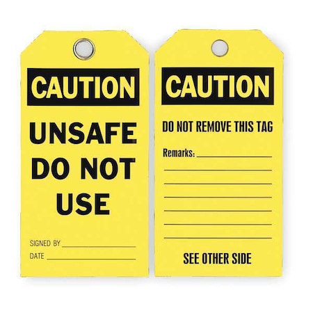 Caution Tag, Lockout Tagout, Polyester, 5 3/4 in H x 3 in W, Yellow, Rectangle, 25 PK MPN:2RMV9