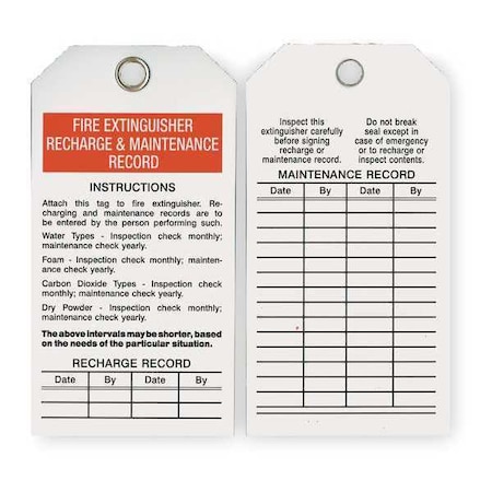 Tag, Fire Extinguisher Recharge & Maintenance Record, 5 3/4 in W x 3 in H, Polyester, White, PK25 MPN:2RMX5