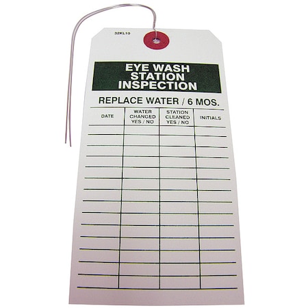 Tag, Eye Wash Station Inspection, 2 7/8 in W x 5 3/4 in H, Paper, White/Green Header, PK25 MPN:32KL10