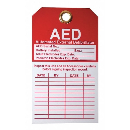 Tag, AED, Cardstock, 5 in H x 4 in W, White, Rectangle MPN:38N693