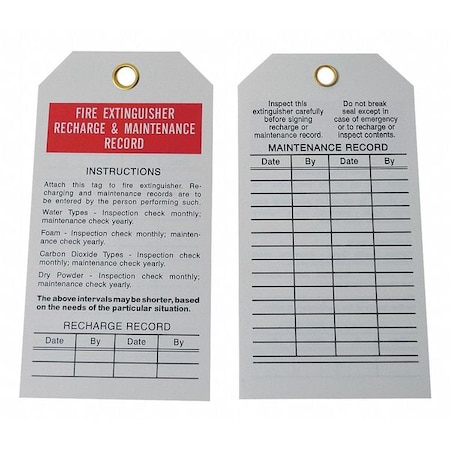 Tag, Fire Extinguisher, PVC, 5 3/4 in H x 2 7/8 in W, White, Rectangle, 25 PK MPN:3AZ37
