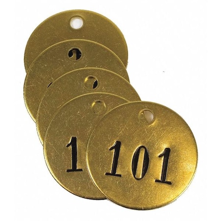 Numbered Tag, Brass, 1 1/2 in H x 1 1/2 in W, Yellow, Round, 25 PK MPN:40027