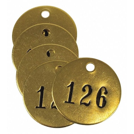 Numbered Tag, Brass, 1 1/2 in H x 1 1/2 in W, Yellow, Round, 25 PK MPN:40028