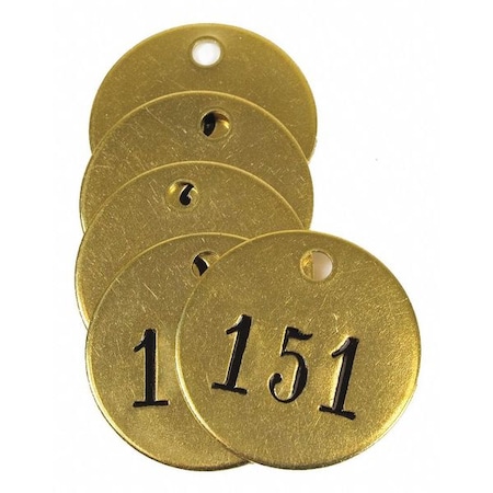 Numbered Tag, Brass, 1 1/2 in H x 1 1/2 in W, Yellow, Round, 25 PK MPN:40029