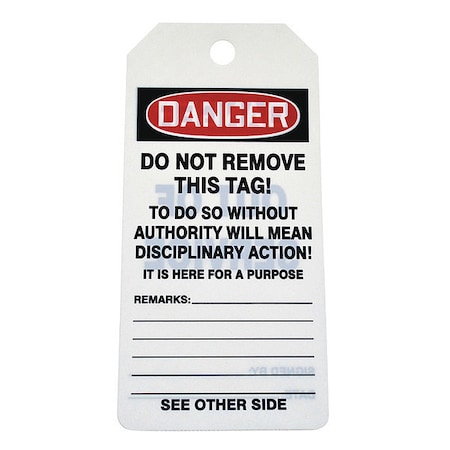 Tag, Danger, PVC, 6 1/4 in H x 3 in W, White, Rectangle, 100 PK MPN:43Z193