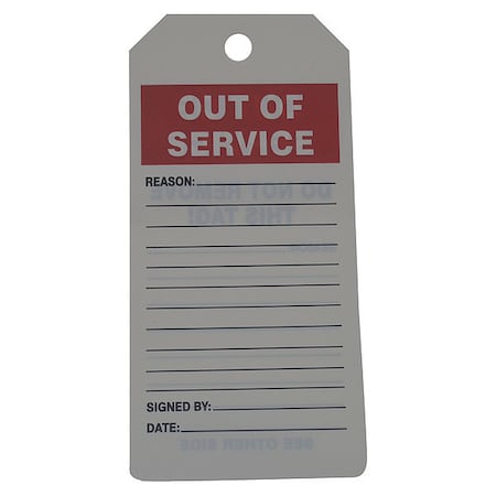 Tag, Out Of Service, PVC, 6 1/4 in H x 3 in W, White, Rectangle, 100 PK MPN:43Z230