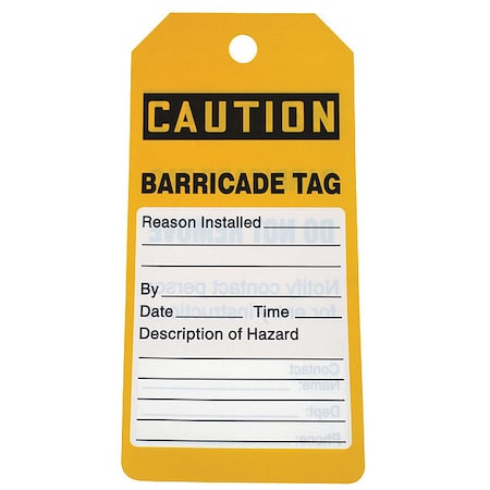 Caution Tag By The Roll, Lockout Tagout, Cardstock, 6 1/4 in H x 3 in W, Yellow, Rectangle, 100 PK MPN:43Z240