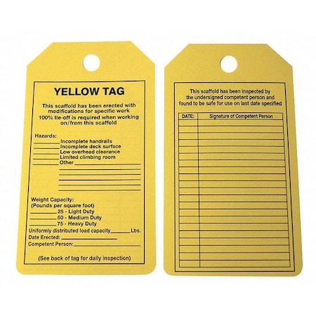 Tag, Forklift, Cardstock, 5 3/4 in H x 3 1/4 in W, Yellow, Rectangle, 25 PK MPN:43Z277