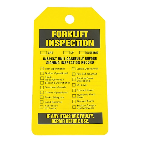 Tag, Forklift, Cardstock, 5 3/4 in H x 3 1/4 in W, Yellow, Rectangle, 25 PK MPN:43Z289