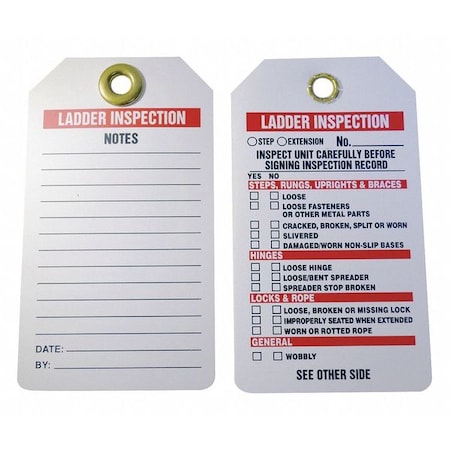 Tag, Ladder Inspection, Plastic, 5 3/4 in H x 3 1/4 in W, White, Rectangle, 25 PK MPN:43Z340