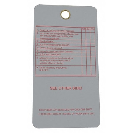 Tag, Hot Work Permit Approval, Cardstock, 3 in W, 5 3/4 in H MPN:8PGY9