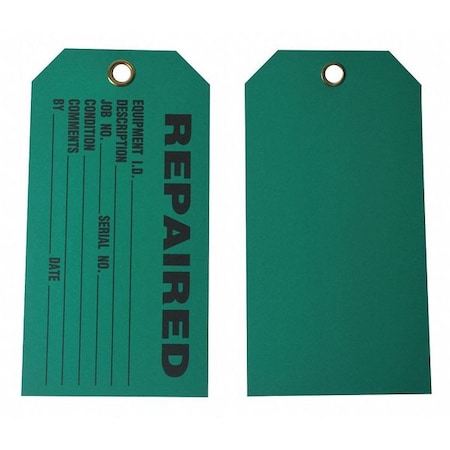 Tag, Repair, Cardstock, 3 in H x 5 3/4 in W, Green, Rectangle, 100 PK MPN:9WAU5