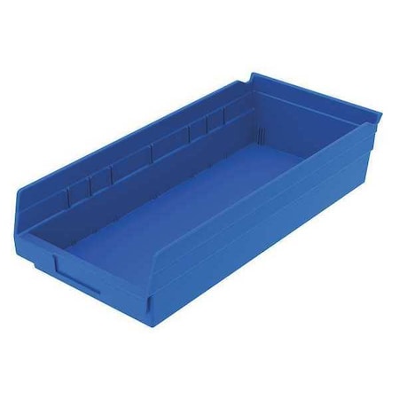 Shelf Storage Bin, Plastic, Blue, 4 in H, 8 3/8 in W, 17 7/8 in L MPN:30158BLUEBLANK