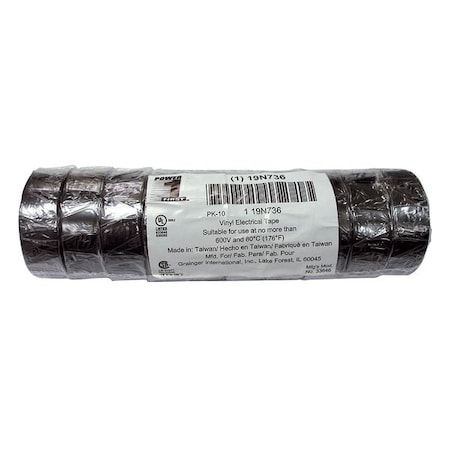 Vinyl Electrical Tape, 3/4 in W x 20 ft L, 7 mil thick, Black, PK10 MPN:19N736