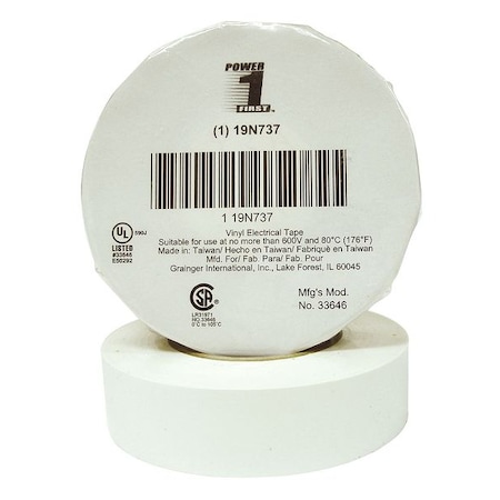 Electrical Tape, Vinyl, White, 22 yd L, 3/4 in W MPN:19N737