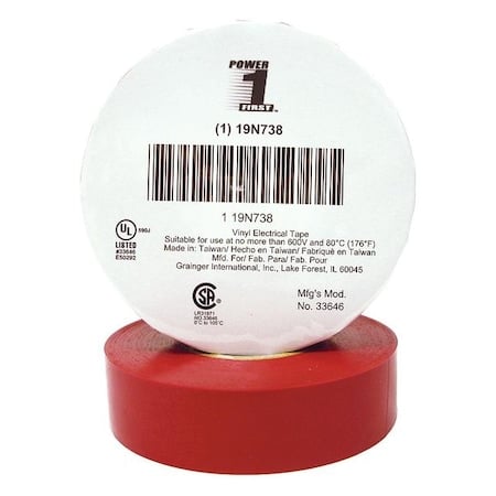 Vinyl Electrical Tape, 3/4 in W x 66 ft L, 7 mil thick, Red MPN:19N738