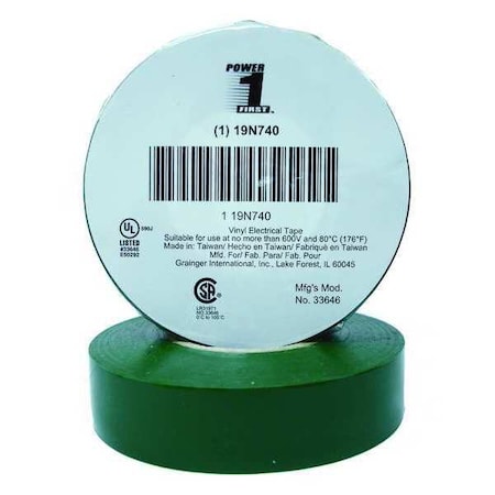 Electrical Tape, Vinyl, Green, 22 yd L, 3/4 in W MPN:19N740