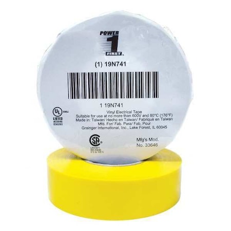 Electrical Tape, Vinyl, Yellow, 22 yd L, 3/4 in W MPN:19N741