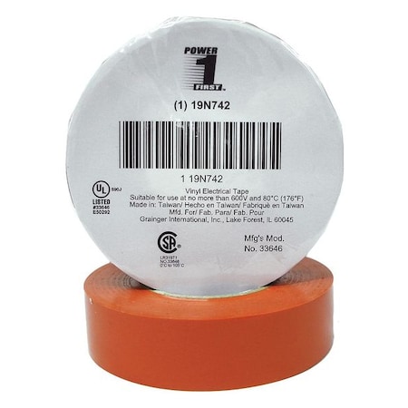 Electrical Tape, Vinyl, Orange, 22 yd L, 3/4 in W MPN:19N742