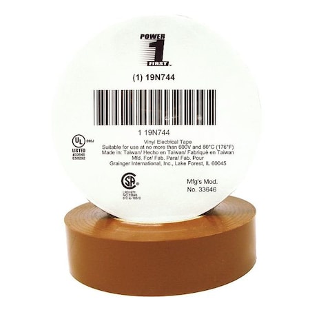 Vinyl Electrical Tape, 3/4 in W x 66 ft L, 7 mil thick, Brown MPN:19N744