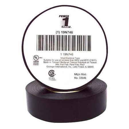 Vinyl Electrical Tape, 3/4 in W x 60 ft L, 7 mil Thick, Black MPN:19N746