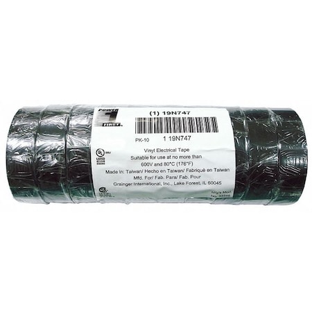 Vinyl Electrical Tape, 3/4 in W x 60 ft L, 7 mil Thick, Black, 10 Pk MPN:19N747