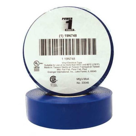 Vinyl Electrical Tape, 3/4 in W x 60 ft L, 7 mil thick, Blue MPN:19N748