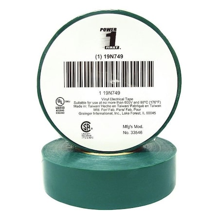 Vinyl Electrical Tape, 3/4 in W x 60 ft L, 7 mil thick, Green MPN:19N749