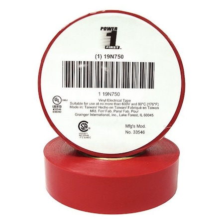 Vinyl Electrical Tape, 3/4 in W x 60 ft L, 7 mil thick, Red MPN:19N750